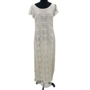 Carole Little Petite Silk Lace Maxi Dress Cream Crochet Short Sleeve Gown Sz 10